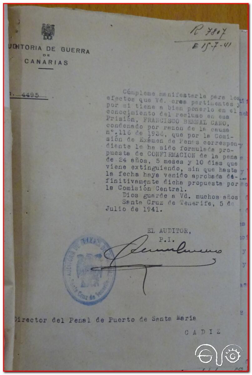 Confirmación de la condena de Francisco Bernal, 1941 (AHPC).