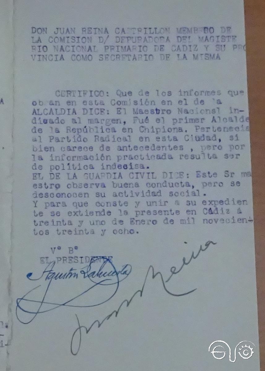 Certificado del secretario de la Comisión D) Depuradora del Magisterio de la provincia de Cádiz, 31/1/1938 (AGA).