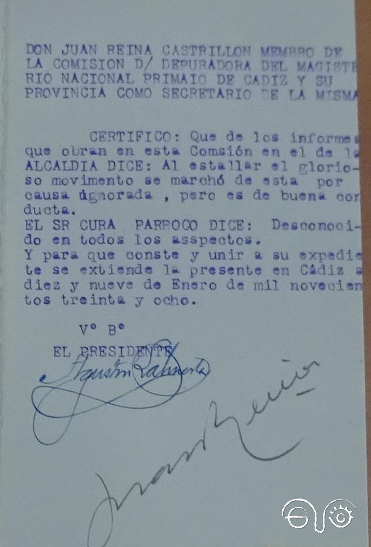 Acta de la Comisión de Depuración de Cádiz con los testimonios sobre Antonio Guzmán Borrego, 1938 (AGA).