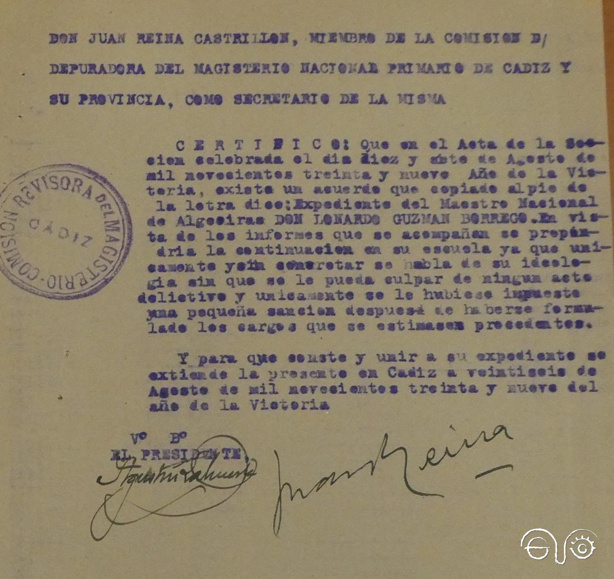 Propuesta de la Comisión D) Depuradora de Cádiz, en relación con Leonardo Guzmán Borrego, 1939 (AGA).