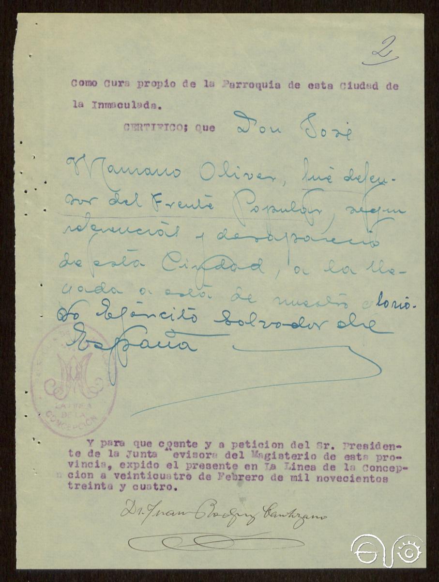 Certificado del párroco de La Línea, 24/2/1934 (Archivo General de la Administración, AGA).