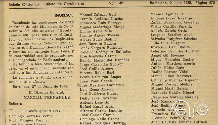 Boletín Oficial del Instituto de Carabineros, 2/7/1938).