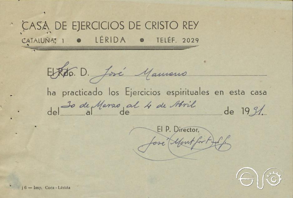 Certificado de realización de ejercicios espirituales.