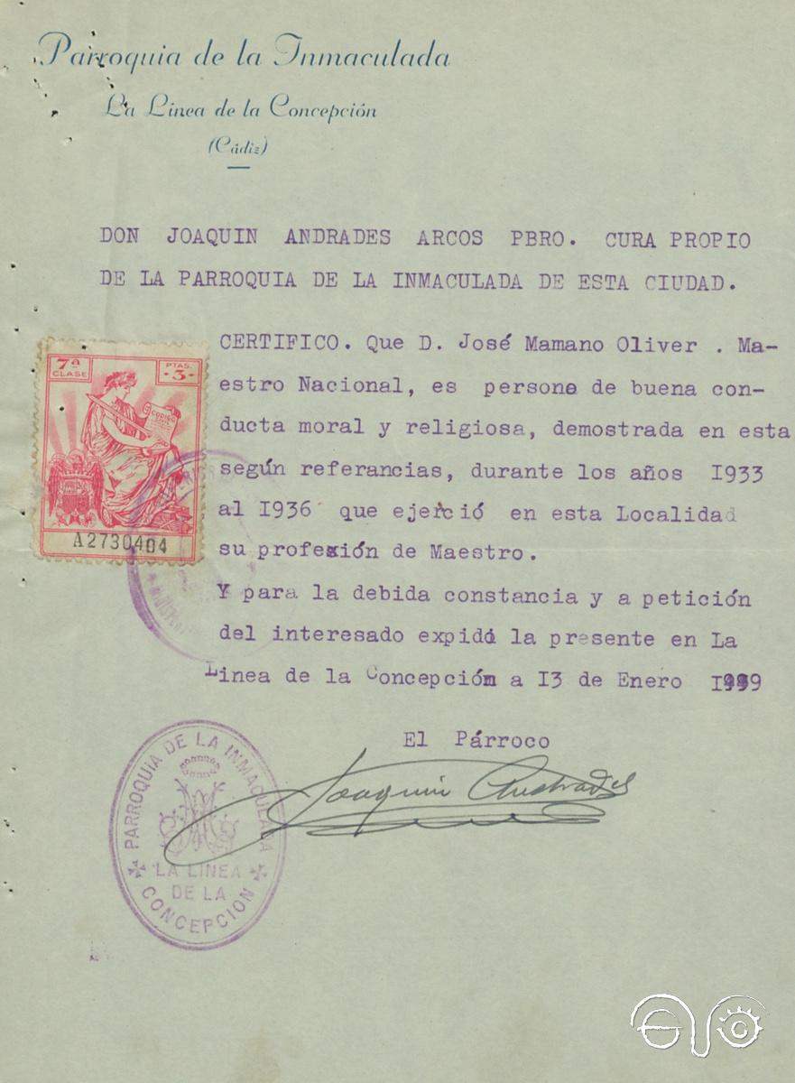 Los dos informes emitidos por la parroquia de La Línea, en 1937 y en 1949, respecto a José Mamano.