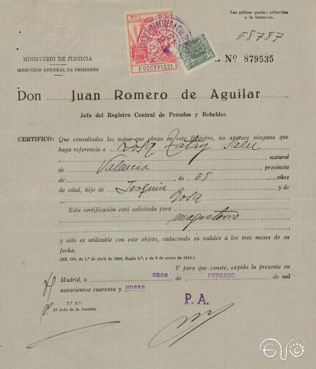 Certificado de penales de Rosa Tatay.