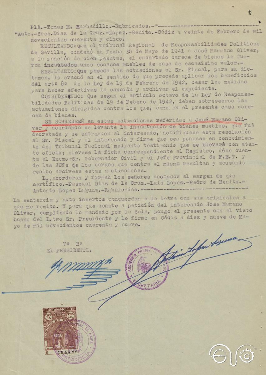 Sobreseimiento de la condena a José Mamano por pertenecer a Izquierda Republicana, que implicaba la incautación de sus bienes.