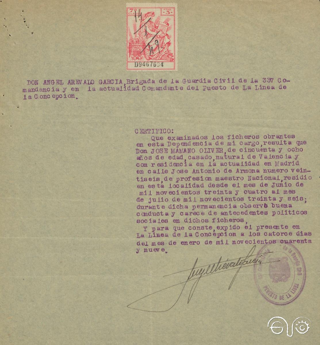 Certificado del comandante de puesto de la Guardia Civil de La Línea, 14/1/1949.