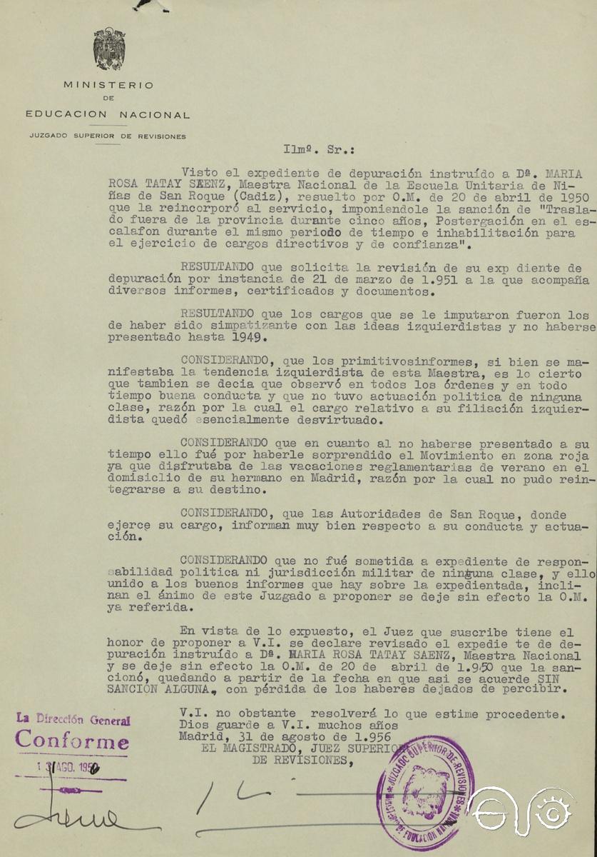 Original de la sentencia final en el proceso, mediante la cual, Rosa Tatay Sáez queda sin sanción alguna.