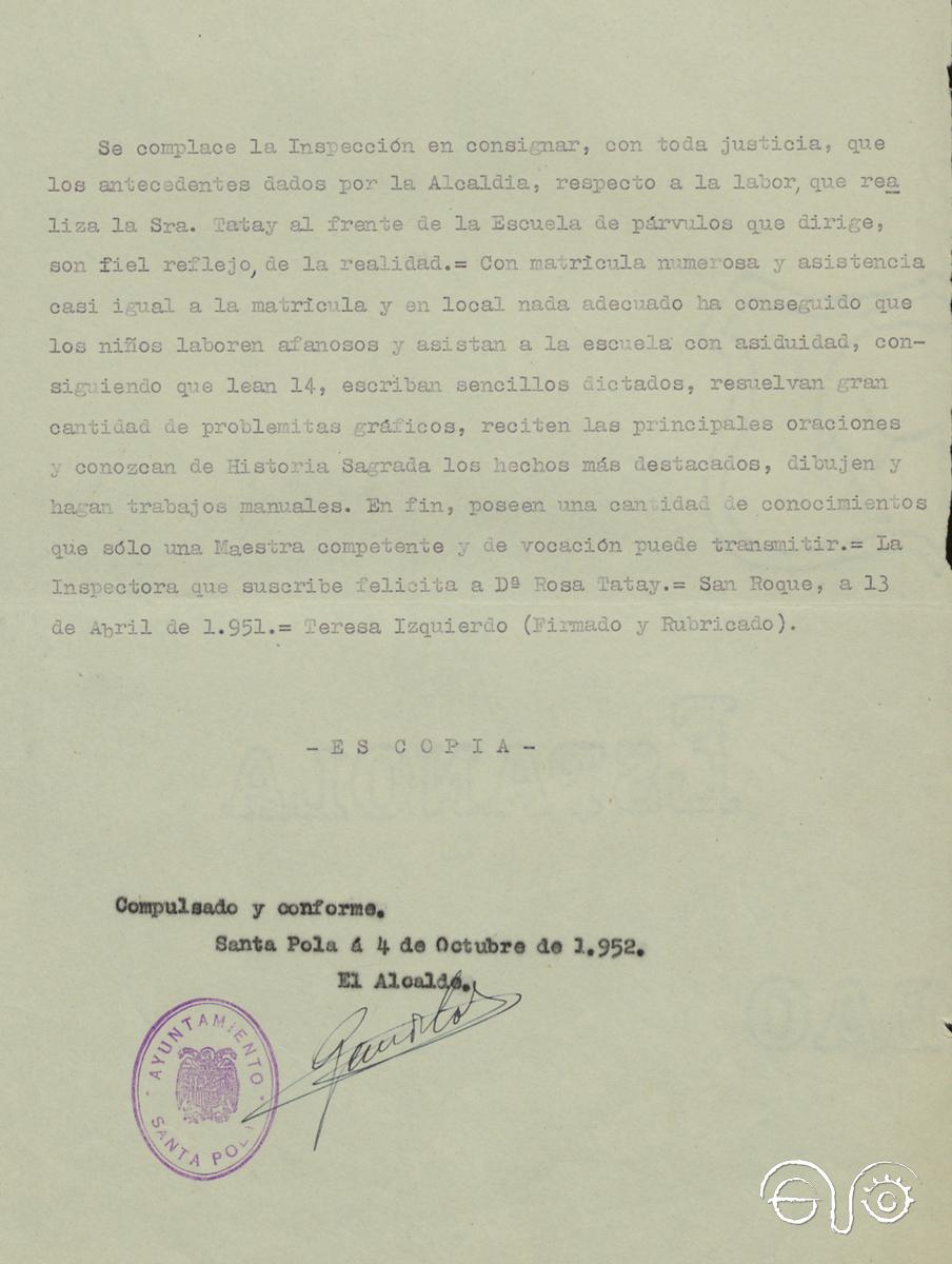 Certificado emitido a nombre de Rosa Tatay por parte de la inspectora Teresa Izquierdo,